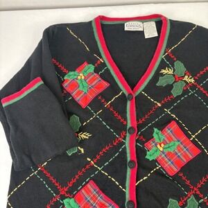 Basic‎ Editions Vintage Holiday Black Plaid  Ugly Christmas Sweater Cardigan XL